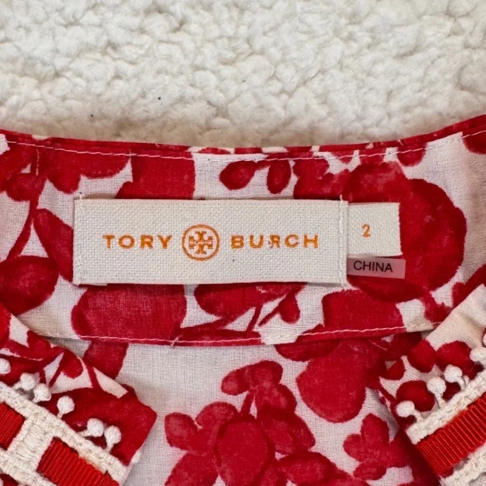 Tory Burch Red White Floral Cotton Tunic Top Split‎ Neck Embroidered Size 2